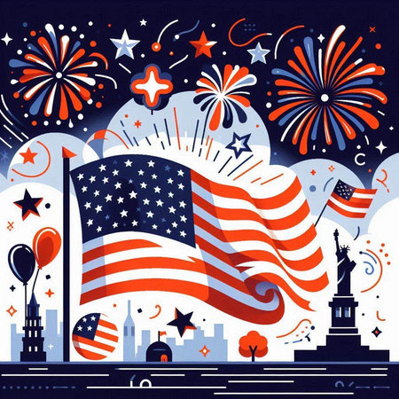 United States of America flag and fireworks in the background, vector illustrationのイラスト素材