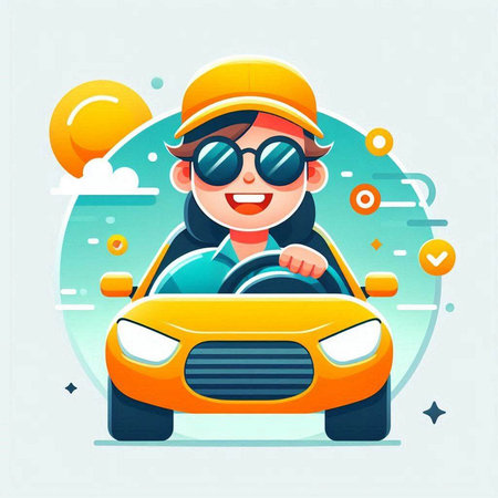 Cute girl driving a car on the road. Vector flat illustrationのイラスト素材