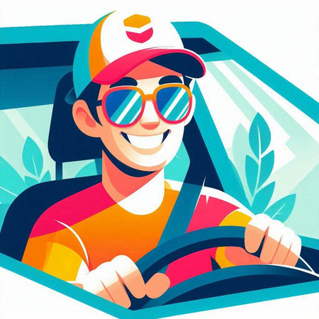 Vector illustration of a young man driving a car. Vector illustration.のイラスト素材