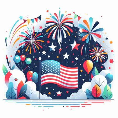 American flag with fireworks and balloons in the sky. Vector illustration.のイラスト素材