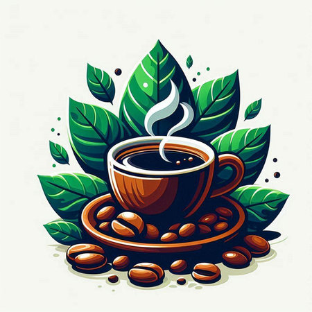 Coffee cup with beans and green leaves, vector illustration.のイラスト素材