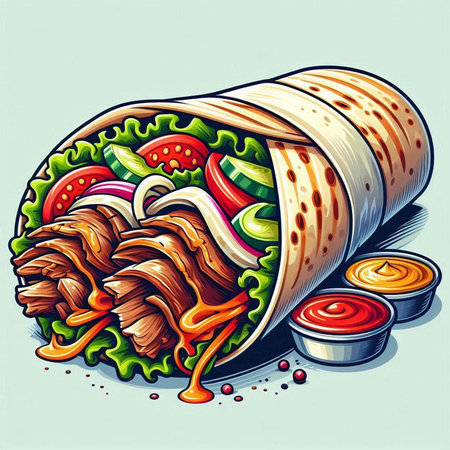 Doner kebab. Shawarma with meat and vegetables. Vector illustration.のイラスト素材