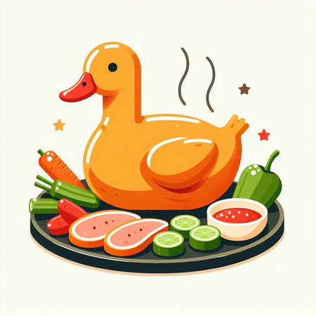 Vector illustration of a duck on a plate with vegetables and sauce.のイラスト素材