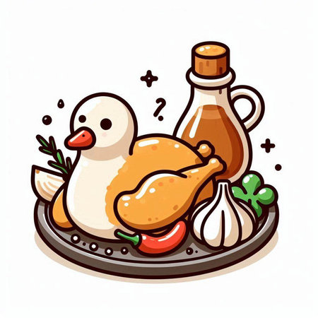 Vector illustration of a chicken on a plate with vegetables and sauce.のイラスト素材