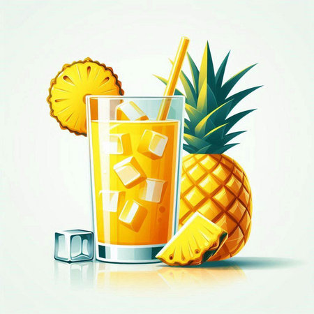 Pineapple cocktail with ice cubes and pineapple. Vector illustration.のイラスト素材