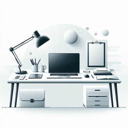 Modern workplace with computer and objects on white background. 3D rendering.のイラスト素材