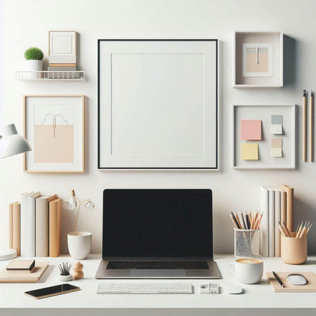 Mock up poster frame, Workspace with laptop, books, stationery and coffee cup, 3d render