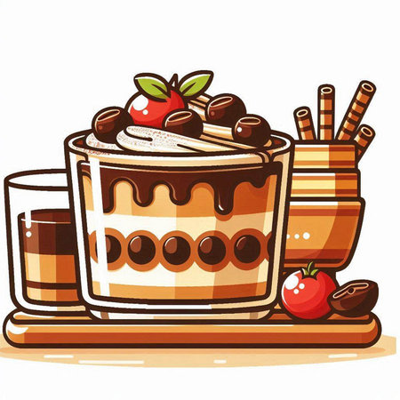 Vector illustration of chocolate cake in a glass with cream and cherries