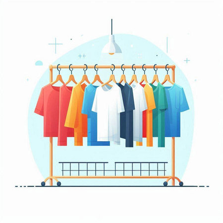Clothes rack with different shirts. Vector illustration in flat style.のイラスト素材
