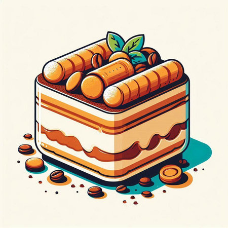 Tiramisu cake. Vector illustration of a piece of cake.