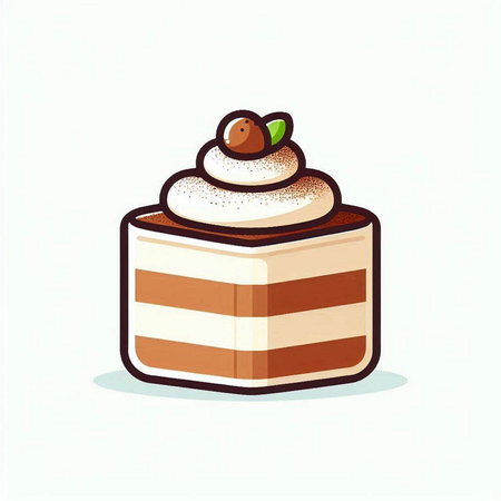 Illustration of a piece of cake with cream and cherry on top