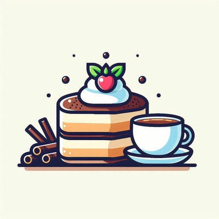 Cup of coffee and cake. Vector illustration in cartoon style.