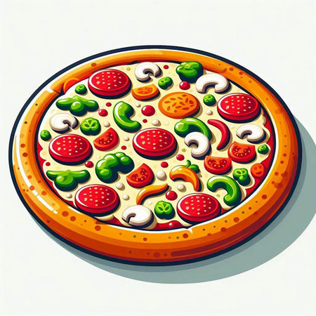 Illustration of a pizza with mushrooms and cheese on a white backgroundのイラスト素材