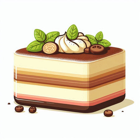 Illustration of a piece of cake with chocolate and mint on white background