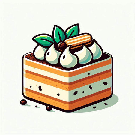 Vector illustration of a cake with whipped cream and mint leaves on a white backgroundのイラスト素材