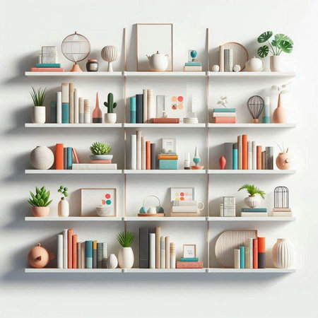 White bookshelf with books and decorations. 3d rendering.