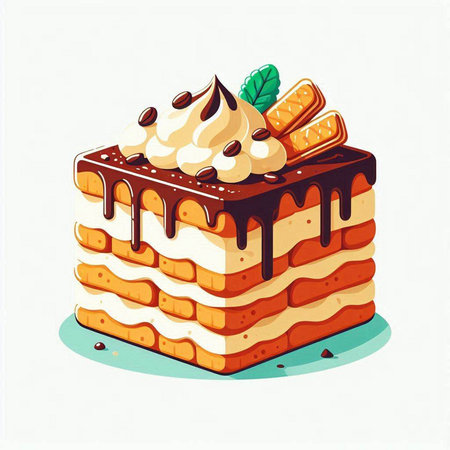 Piece of cake with whipped cream and chocolate. Vector illustration.のイラスト素材