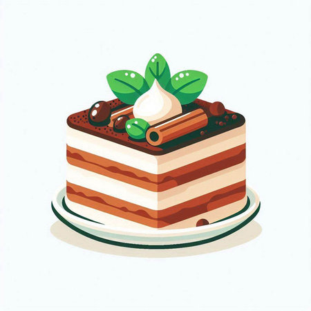 Illustration of a slice of chocolate cake decorated with mint leaves and cinnamonのイラスト素材