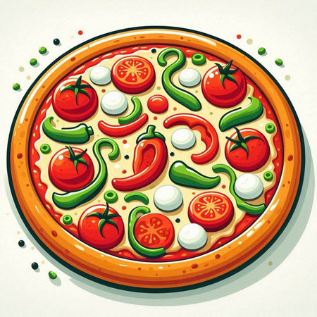 Pizza with tomato, pepper, mozzarella and basil. Vector illustrationのイラスト素材