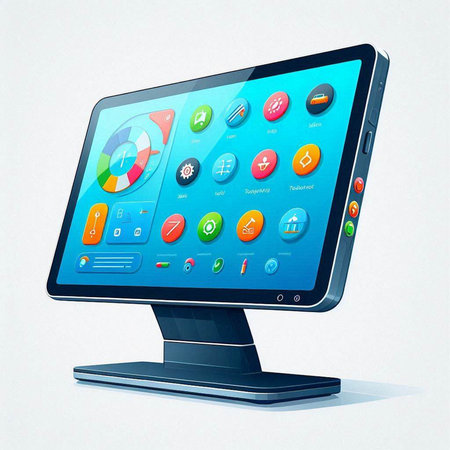 Computer monitor with application icons on the screen. 3d illustration.