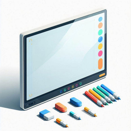 Illustration of a digital tablet and pencils on a white backgroundのイラスト素材