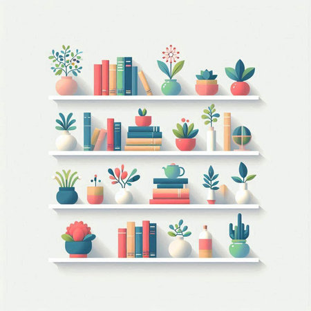 Bookshelf with books and plants in flat style. Vector illustration.のイラスト素材