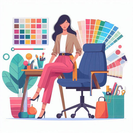 Young fashion designer woman working at her office. Vector illustration in cartoon styleのイラスト素材