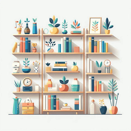 Bookshelf with books and plants. Vector illustration in flat style