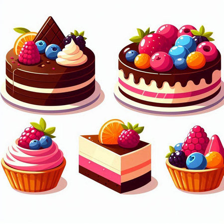 Illustration of a set of different cakes with berries on a white background