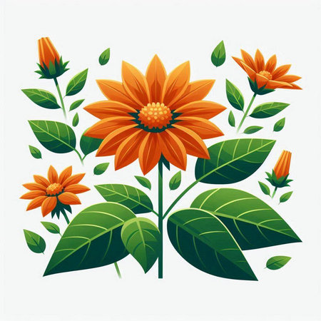 Orange flowers and green leaves. Vector illustration. Isolated on white background.のイラスト素材