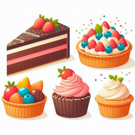 Illustration of a set of different cakes on a white background.のイラスト素材