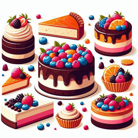 Set of sweet cakes with berries. Vector illustration in cartoon style.のイラスト素材