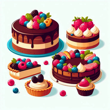 Vector illustration of a set of cakes with different berries and whipped creamのイラスト素材
