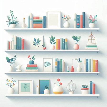 Bookshelf with books, vases and plants. Vector illustration.のイラスト素材