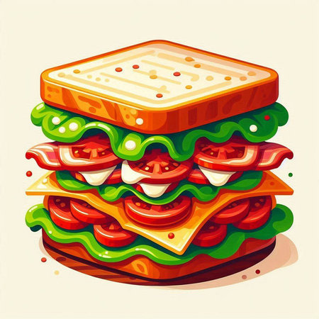 Sandwich with cheese, tomato and cucumber. Vector illustration.