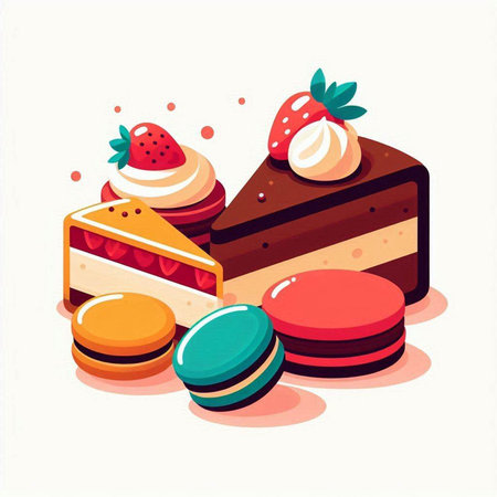 Vector illustration of a chocolate cake, macaroons and strawberries.のイラスト素材