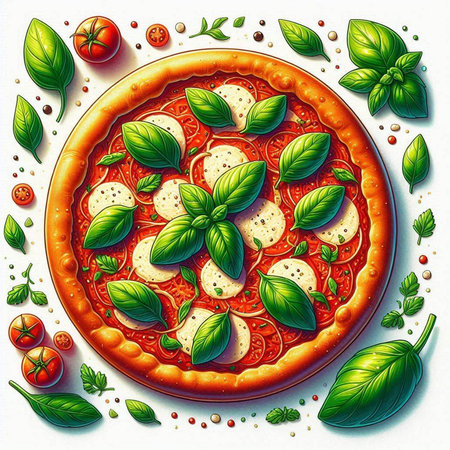 Pizza with mozzarella, basil and tomatoes. Vector illustration.のイラスト素材