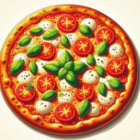 Pizza with mozzarella, tomatoes and basil. Vector illustrationのイラスト素材