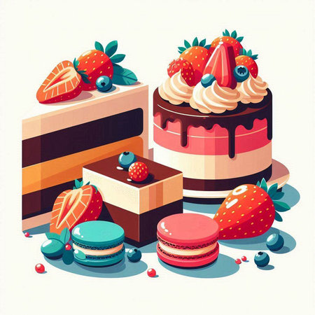 Vector illustration of a set of sweet cakes with berries and chocolate.