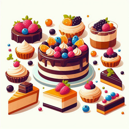 Set of delicious cakes with berries. Vector illustration in cartoon style.のイラスト素材