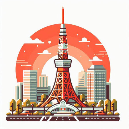 Tokyo tower in Tokyo, Japan. Vector illustration in flat styleのイラスト素材