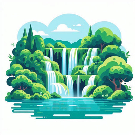 Waterfall in the forest. Waterfall in the forest. Vector illustration.のイラスト素材