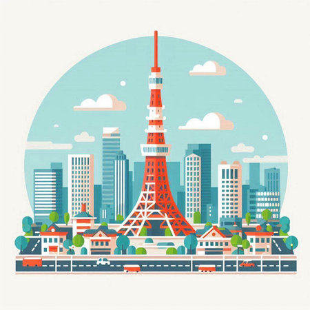 Tokyo tower, Tokyo, Japan. Vector illustration in flat styleのイラスト素材