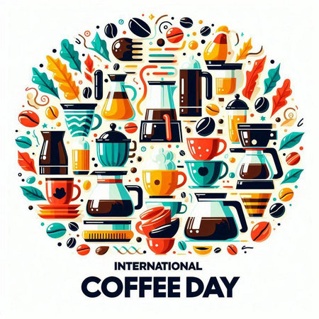 International Coffee Day. Vector Illustration with Colorful Coffee Icons.のイラスト素材