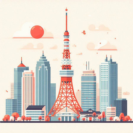 Tokyo skyline with Tokyo tower. Vector illustration in retro style.のイラスト素材