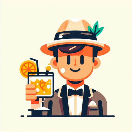 Young man in a hat with a cocktail in his hand. Vector illustrationのイラスト素材