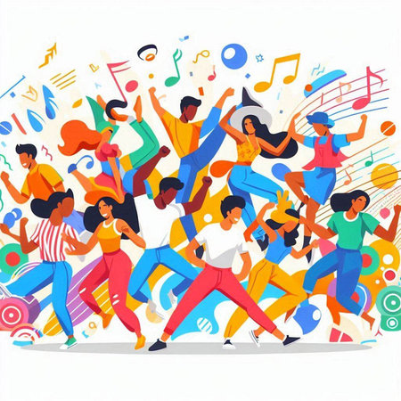 Happy people dancing and listening to music. Vector illustration in flat style.のイラスト素材