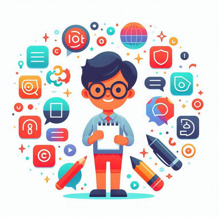 Cartoon boy with social media icons around him. Vector illustration.のイラスト素材