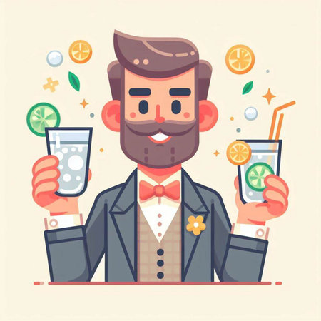 Bartender holding a glass of lemonade. Vector flat illustrationのイラスト素材