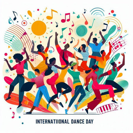 International Day of Living Life. Group of happy people dancing and having fun. Vector illustration.のイラスト素材